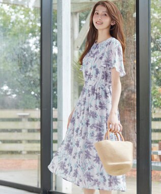 Tiaclasse 大花柄シフォンワンピース ブルー