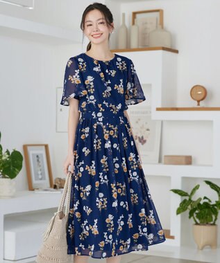 Tiaclasse 大花柄シフォンワンピース ネイビー
