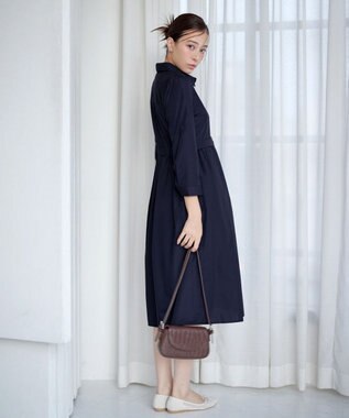 Tiaclasse L 【洗える】パール釦フレアシャツワンピース ネイビー