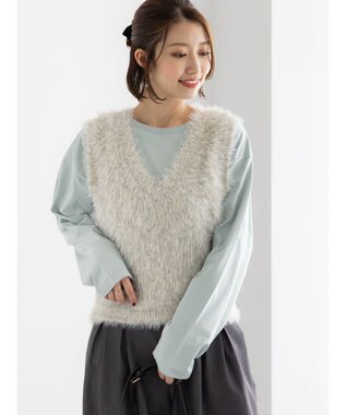 Te chichi シャギーヤーンVネックベスト グレー