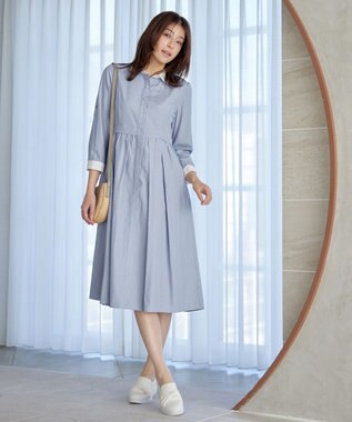 Tiaclasse L 【洗える】パール釦フレアシャツワンピース グレーストライプ