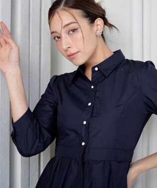 Tiaclasse L 【洗える】パール釦フレアシャツワンピース ネイビー