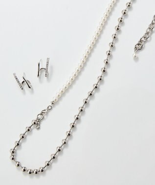 Phoebe 【セレモニーセット】マルチwayメタルボールパールネックレス×ダブルライングリッタービジューピアスSET シルバー