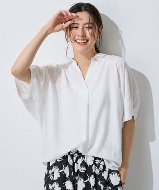 【洗濯機可/接触冷感/UVケア】スキッパーネック袖タックブラウス