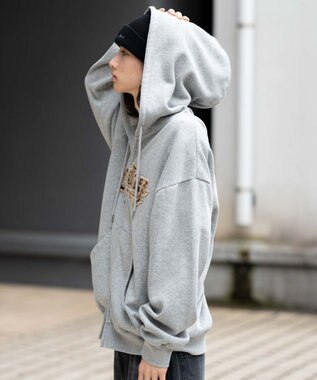 WEGO 【ユニセックス着用ITEM/SMLサイズ展開】レオパードワッペンダブルZIPパーカー 杢グレー