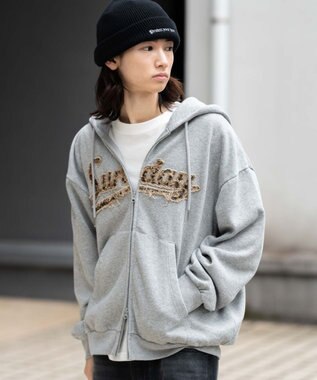 WEGO 【ユニセックス着用ITEM/SMLサイズ展開】レオパードワッペンダブルZIPパーカー 杢グレー