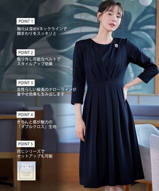 Tiaclasse L 【ダブルクロス・洗える】 ナローVネックワンピース ネイビー