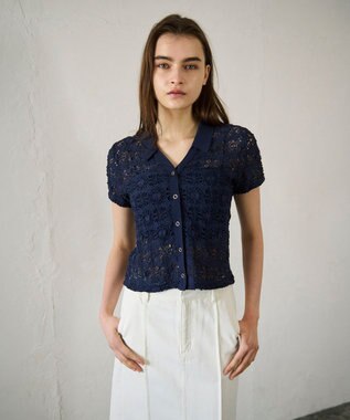 GRACE CONTINENTAL レースカットスキッパートップ ネイビー