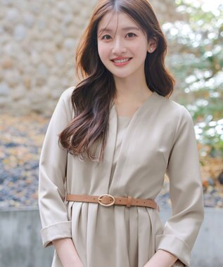 Tiaclasse L 【ダブルクロス・洗える】 ナローVネックワンピース グレージュ