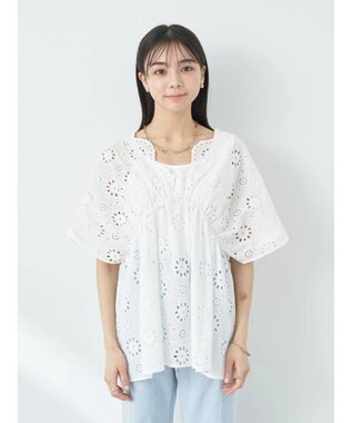 earth music&ecology コットンレースＶネックブラウス Off White