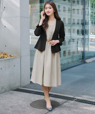 Tiaclasse L 【ダブルクロス・洗える】 ナローVネックワンピース グレージュ