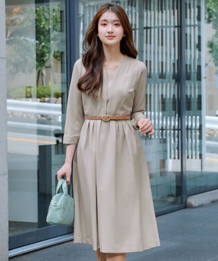 Tiaclasse L 【ダブルクロス・洗える】 ナローVネックワンピース グレージュ