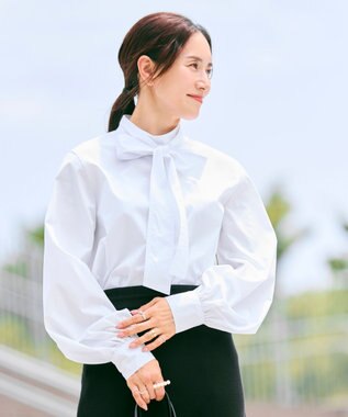 #Newans 【洗濯機可】ステッチデザインリボンタイブラウス ホワイト