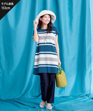 Tiaclasse 【新色追加・洗える】マルチボーダーフレンチニットチュニック ターコイズ×オフ×グレー