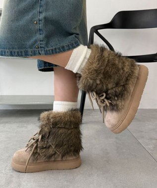 WEGO ボリュームファーレースアップFムートンブーツ ベージュ