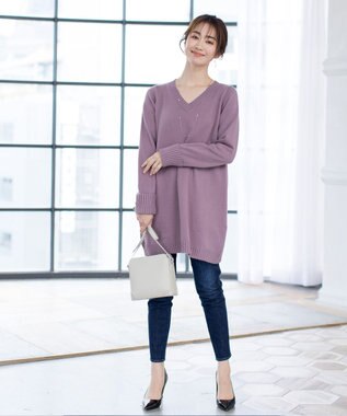 Tiaclasse L 【洗える】Vネックリブニットチュニック パープル