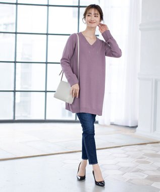 Tiaclasse L 【洗える】Vネックリブニットチュニック パープル