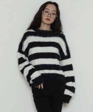 WEGO シャギーニットプルオーバー ホワイトボーダー