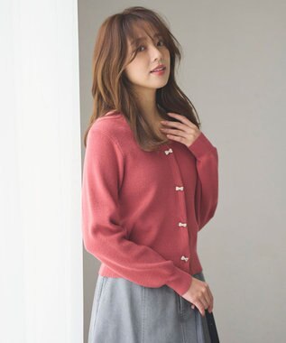 Feroux 【洗える】リボン釦 カーディガンデザインニット レッド系