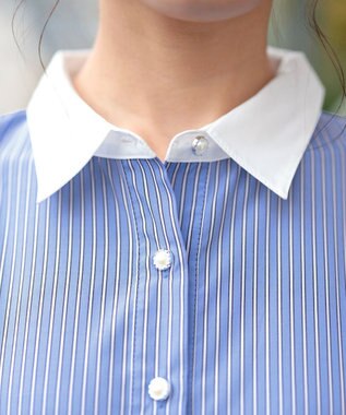 Tiaclasse L 【洗える】パール釦フレアシャツワンピース サックスストライプ