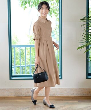 Tiaclasse L 【洗える】パール釦フレアシャツワンピース モカ