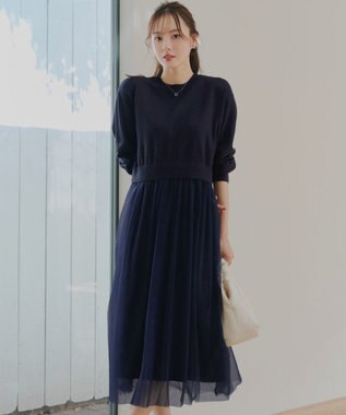 Tiaclasse 【洗える】チュールレースドッキングワンピース ネイビー