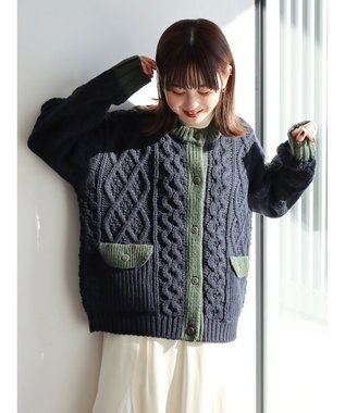 AMERICAN HOLIC 配色ケーブルニットカーディガン Navy