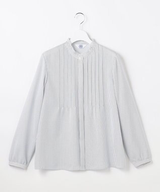 J.PRESS LADIES ソフトジョーゼット ストライプ プリント ブラウス ネイビーストライプ系