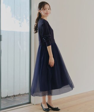 Tiaclasse 【洗える】チュールレースドッキングワンピース ネイビー