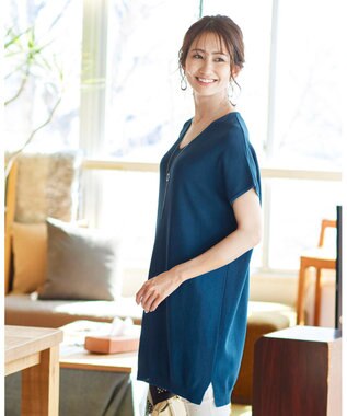 Tiaclasse L 【洗える】さらりと肌離れの良いフレンチスリーブニットチュニック ターコイズ