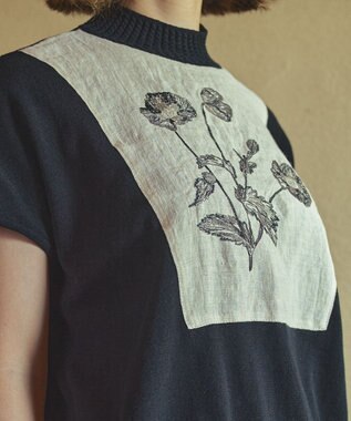 muuc ポピー刺繍フレンチスリーブプルオーバー〈日本製・高級綿100%の光沢と柔らかさ〉〈繊細な花刺繍〉〈大人の夏ニット〉〈ゆったりフリーサイズ〉 ブラック