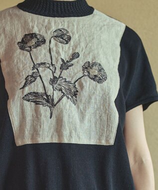 muuc ポピー刺繍フレンチスリーブプルオーバー〈日本製・高級綿100%の光沢と柔らかさ〉〈繊細な花刺繍〉〈大人の夏ニット〉〈ゆったりフリーサイズ〉 ブラック