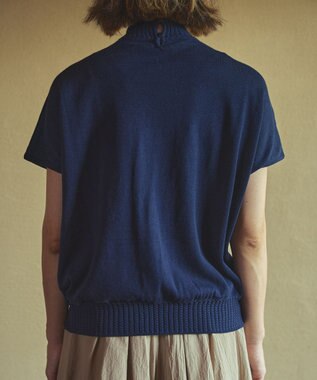 muuc ポピー刺繍フレンチスリーブプルオーバー〈日本製・高級綿100%の光沢と柔らかさ〉〈繊細な花刺繍〉〈大人の夏ニット〉〈ゆったりフリーサイズ〉 ネイビー