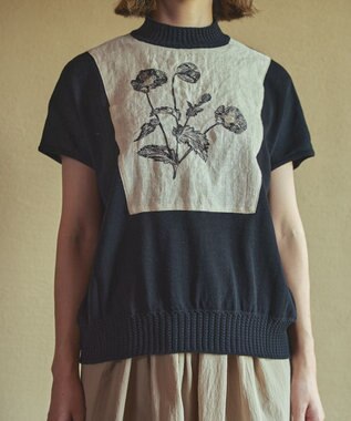 muuc ポピー刺繍フレンチスリーブプルオーバー〈日本製・高級綿100%の光沢と柔らかさ〉〈繊細な花刺繍〉〈大人の夏ニット〉〈ゆったりフリーサイズ〉 ブラック