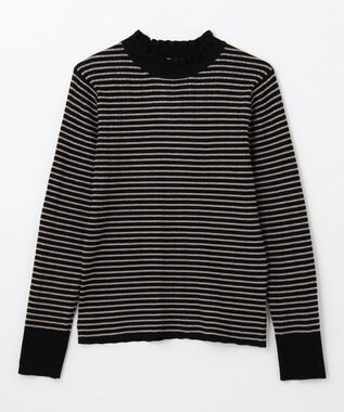 ANY 【洗濯機可/吸湿発熱】フリルネックリブニット ブラック×モカボーダー