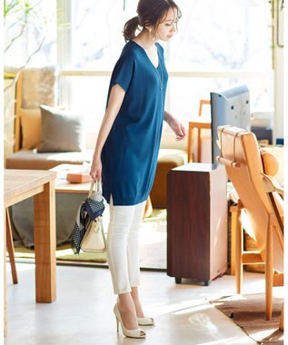 Tiaclasse L 【洗える】さらりと肌離れの良いフレンチスリーブニットチュニック ターコイズ