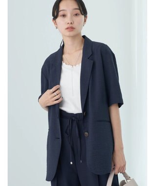 earth music&ecology リネンライク５分袖ジャケット Navy