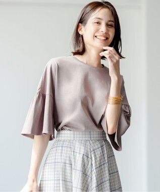 組曲 【汗ジミ防止・撥水】GIZAプレーティング天竺 袖フレア Tシャツ ブラウン系