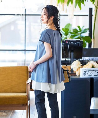 Tiaclasse 【洗える】 異素材を組み合わせたバックシャンカットチュニックブラウス ブルー