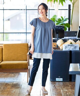 Tiaclasse 【洗える】 異素材を組み合わせたバックシャンカットチュニックブラウス ブルー