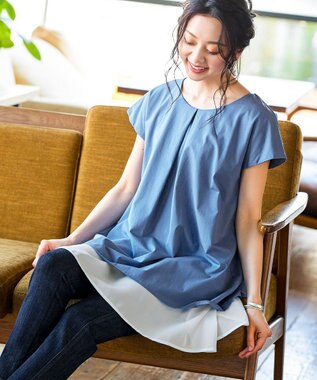 Tiaclasse 【洗える】 異素材を組み合わせたバックシャンカットチュニックブラウス ブルー