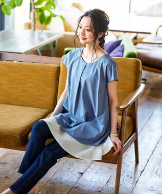 Tiaclasse 【洗える】 異素材を組み合わせたバックシャンカットチュニックブラウス ブルー