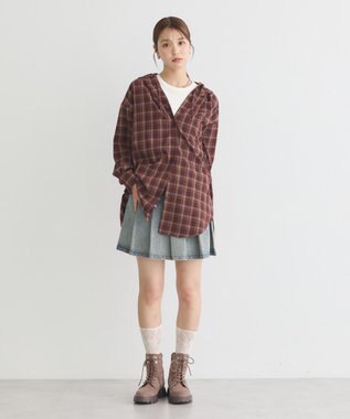 earth music&ecology フーディーチェックシャツ Bordeaux