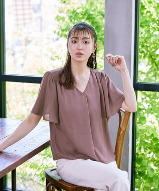 Tiaclasse 【洗える】シフォンフレアスリーブブラウス ピンクモカ