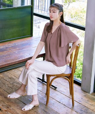 Tiaclasse 【洗える】シフォンフレアスリーブブラウス ピンクモカ