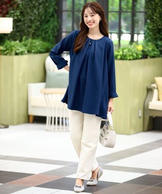 Tiaclasse L 【洗える】フロントタックバックギャザーフレアチュニックブラウス ブルー