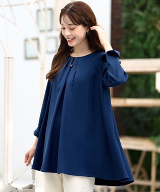 Tiaclasse L 【洗える】フロントタックバックギャザーフレアチュニックブラウス ブルー