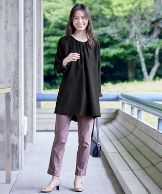 Tiaclasse L 【洗える】フロントタックバックギャザーフレアチュニックブラウス ブラック