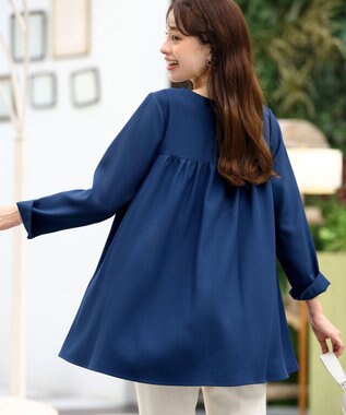 Tiaclasse L 【洗える】フロントタックバックギャザーフレアチュニックブラウス ブルー