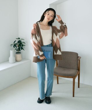 earth music&ecology ループ編みアーガイルカーディガン Mocha